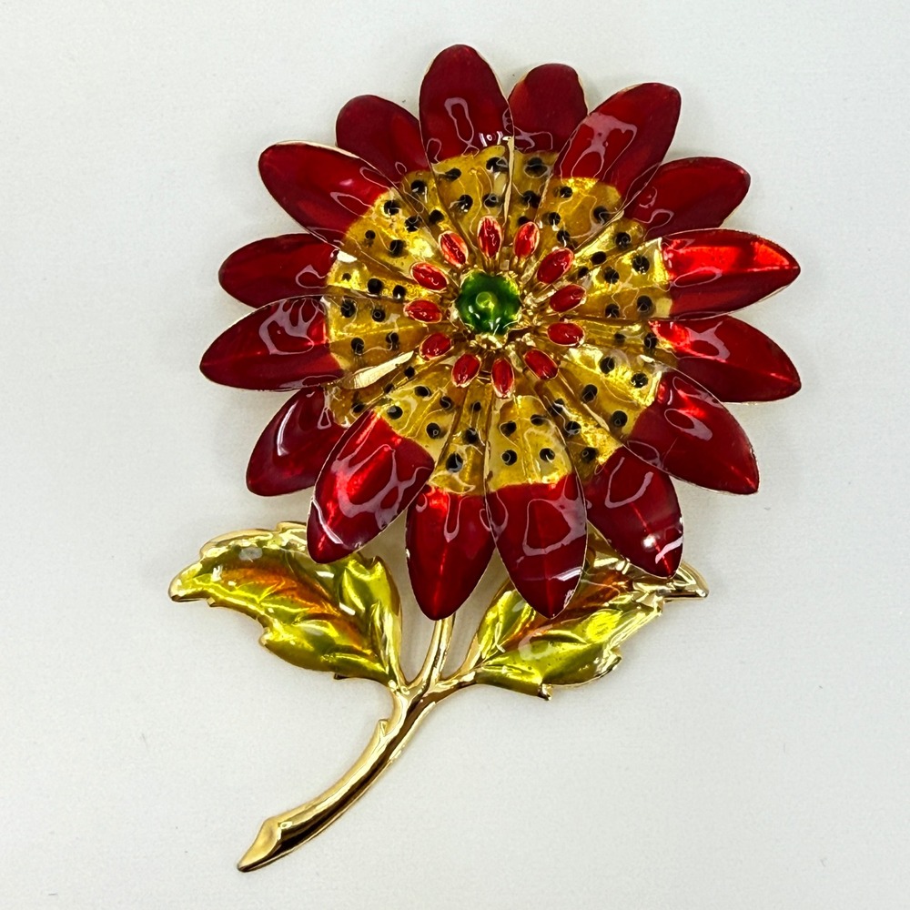 Vintage‎ Oversized Enamel Flower Brooch Pop Art Mod Gold Tone Floral HUGE 3.75"
